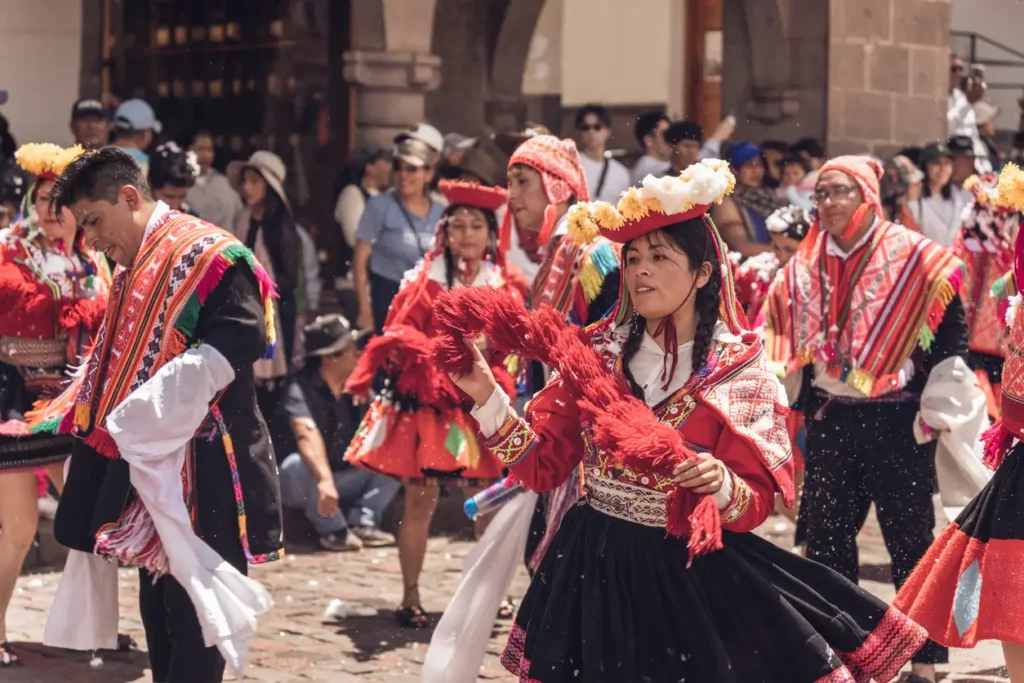 Traditional Andean dancers performing during the Qhaswa Raymi festival in Cusco, Peru.